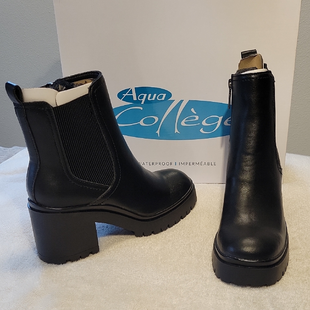 Aqua College Raine Waterproof Women's Black Leather Ankle Boots, NIB